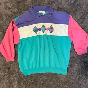 Vintage Koret Francisca Blue Polo Long Sleeve Shoulder Pads Extra Large